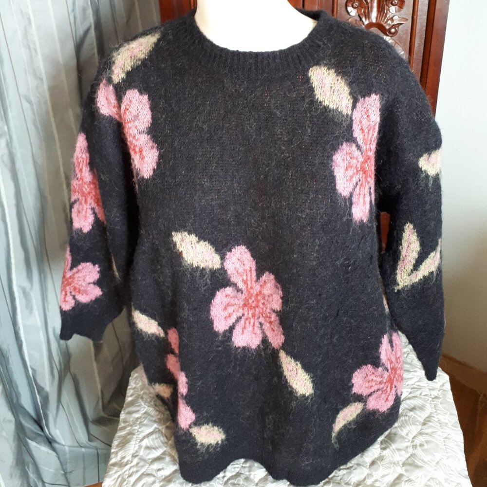 Wool Blend Sweater by Indie + Moi - Sz. Large - Black with florals